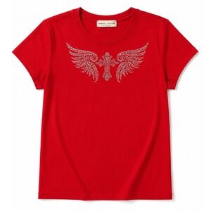 Frankee & Skylarr Red Rhinestone Angel Wings Cross Western Graphic Tee  Lg XL